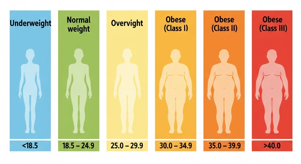 WHO standard adult BMI classification chart: From left to right, six body silhouette outlines corresponding to weight categories — Underweight (BMI <18.5), Normal weight (18.5–24.9), Overweight (25.0–29.9), Obese Class I (30.0–34.9), Obese Class II (35.0–39.9), Obese Class III (>40.0), with background colors gradually shifting from light blue to deep red, indicating increasing health risks