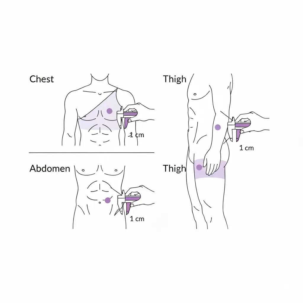Illustration of 3-site skinfold measurements (chest, abdomen, thigh) for men using calipers in the Skinfold Method for a Body Fat Calculator