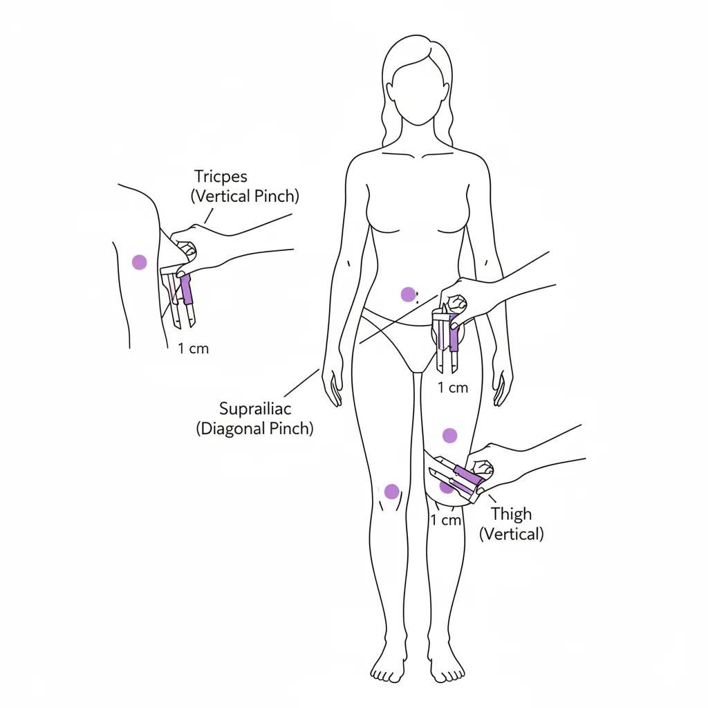 Illustration of 3-site skinfold measurements (triceps, suprailiac, thigh) with pinch directions for women using the Skinfold Method in a Body Fat Calculator