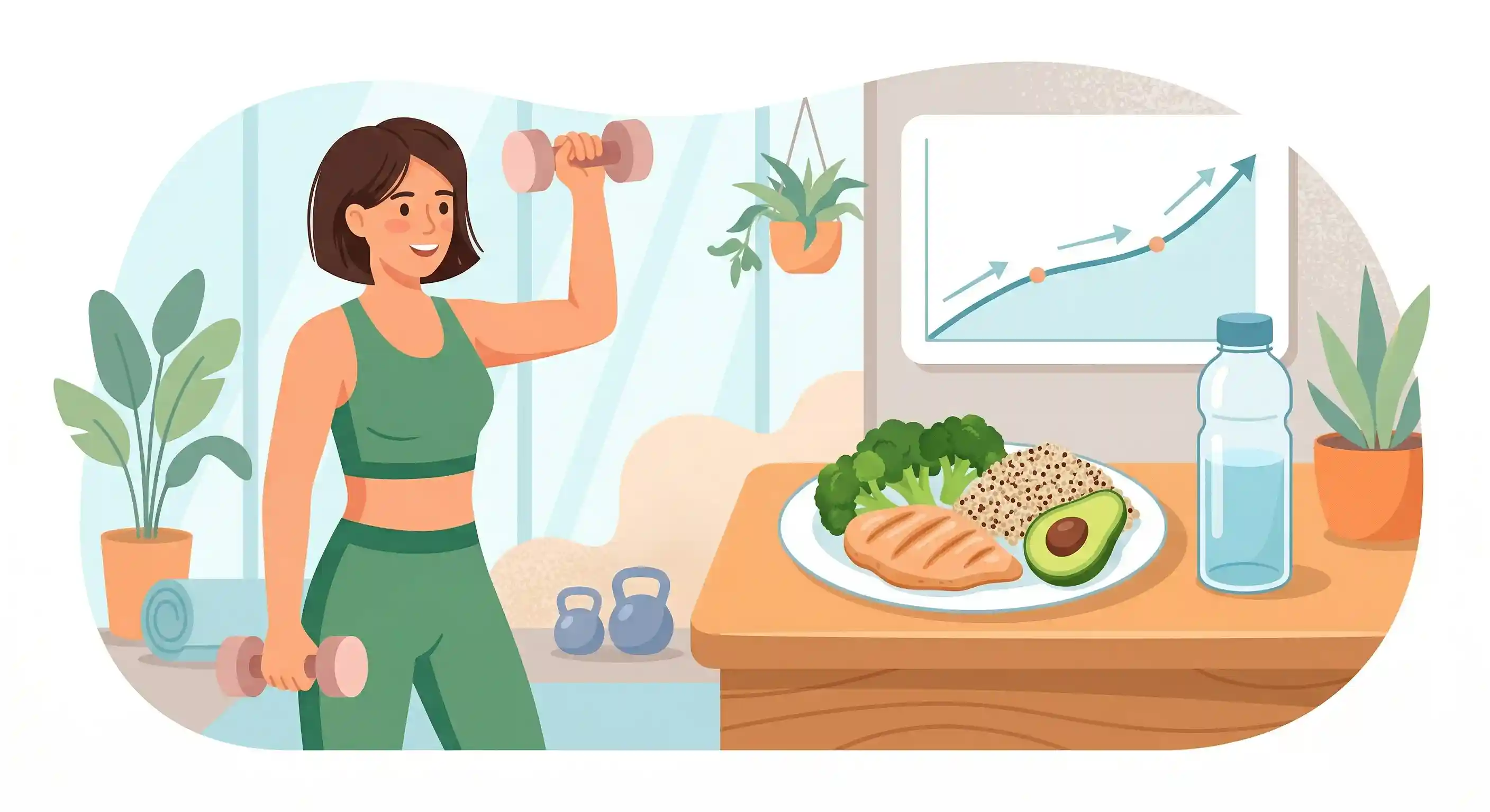 How to Support Metabolism While Fasting Flat cartoon illustration of exercise, protein-rich meals, and steady progress during intermittent fasting