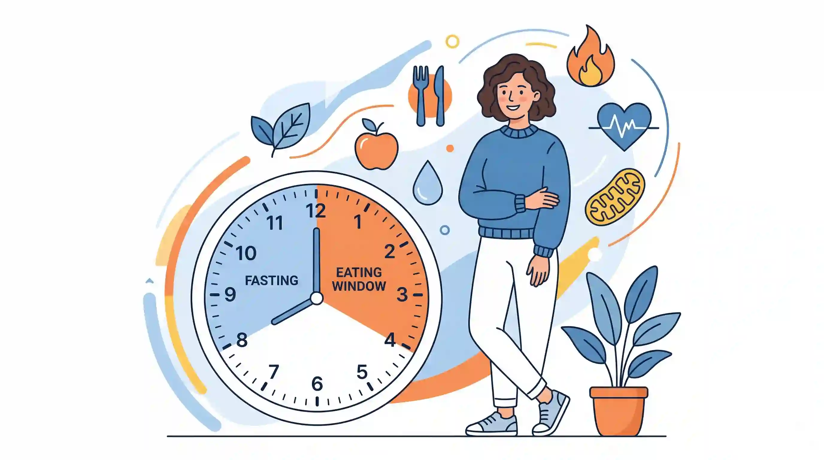 Intermittent Fasting and Metabolism Hero Illustration Flat cartoon illustration of a person, a fasting clock, and metabolism icons representing intermittent fasting and energy balance