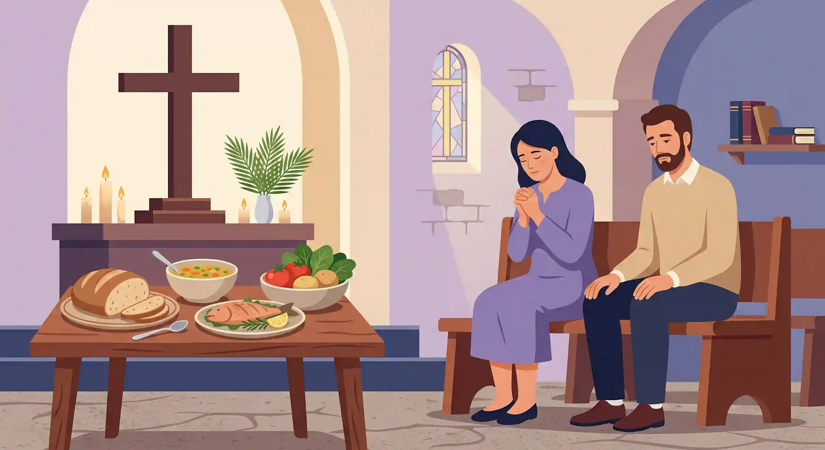 SHoly Week Fasting Guide Banner Modern flat cartoon illustration of Holy Week fasting with a church setting, simple foods, candles, and reflective worshippers