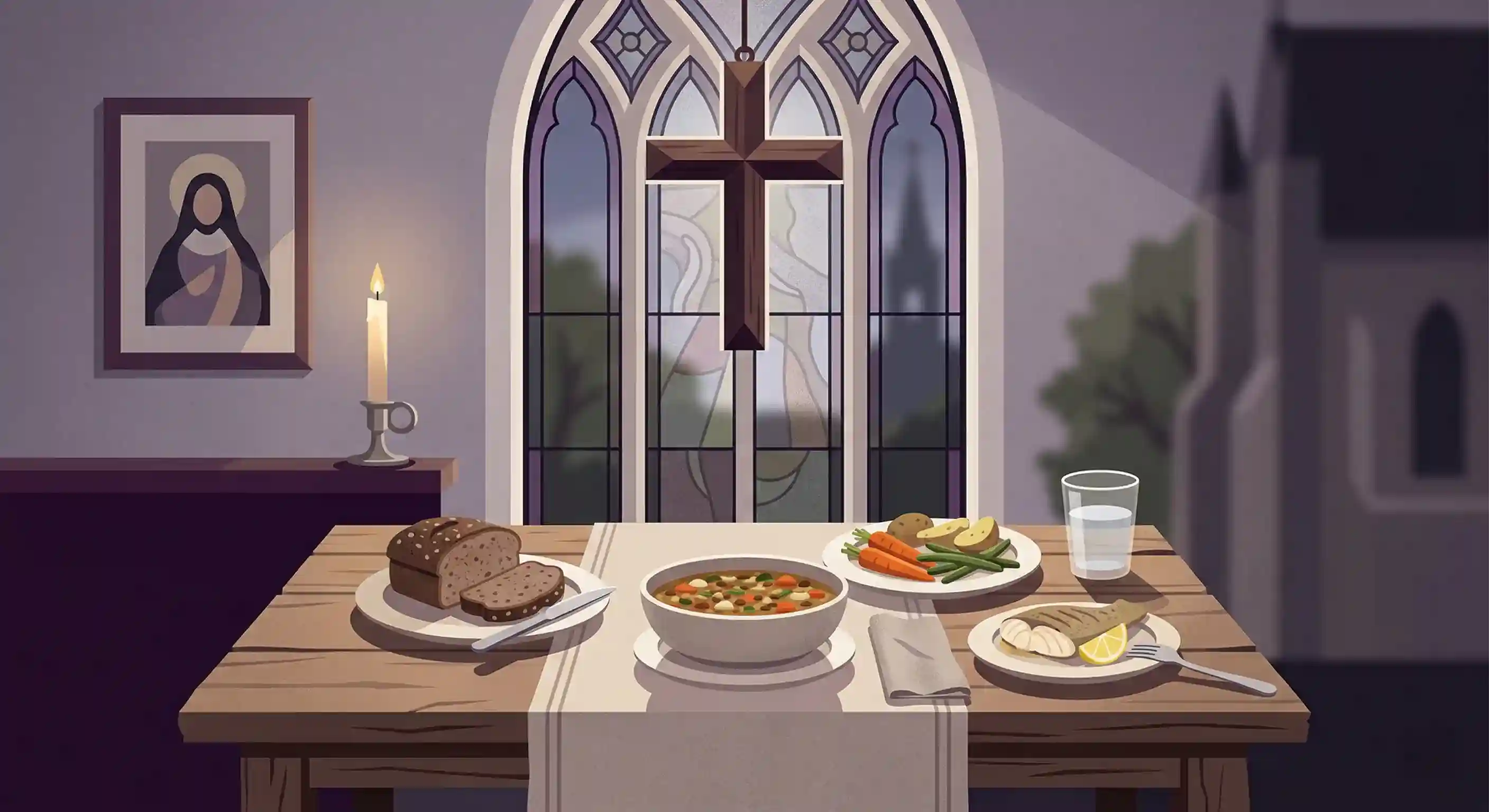 Catholic Good Friday Fasting Modern flat cartoon illustration of a simple meatless Good Friday meal in a reflective Holy Week setting