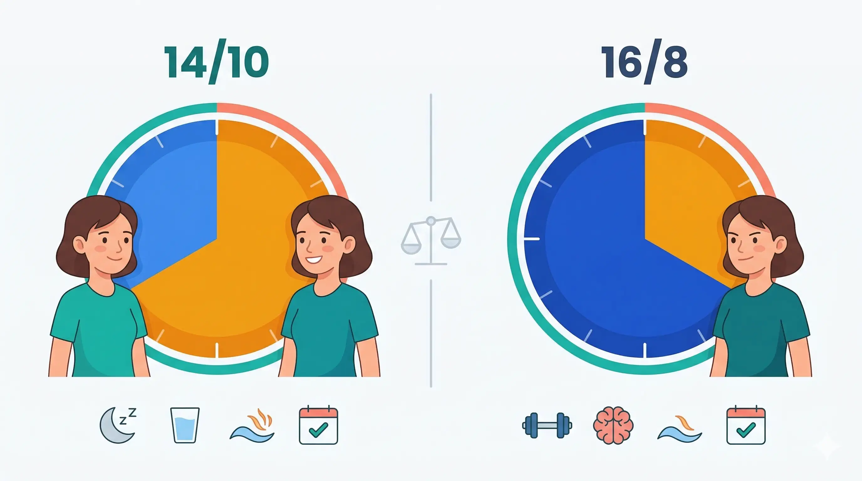 Side-by-side flat illustration comparing 14/10 and 16/8 intermittent fasting windows with two circular daily clocks and beginner-to-advanced cues