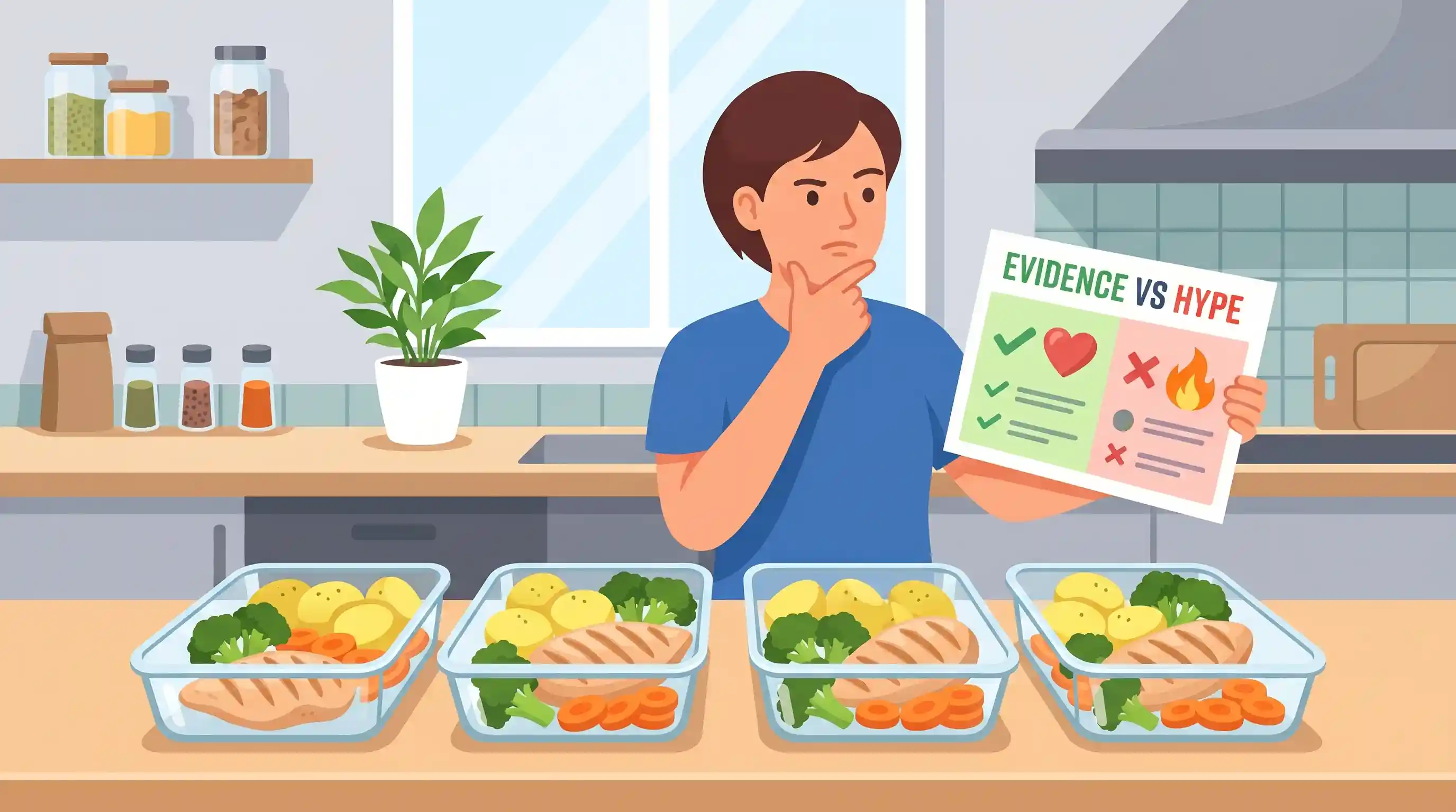 Flat illustration of CPB diet meal prep with chicken, potatoes, broccoli, and carrots beside an evidence-versus-hype visual
