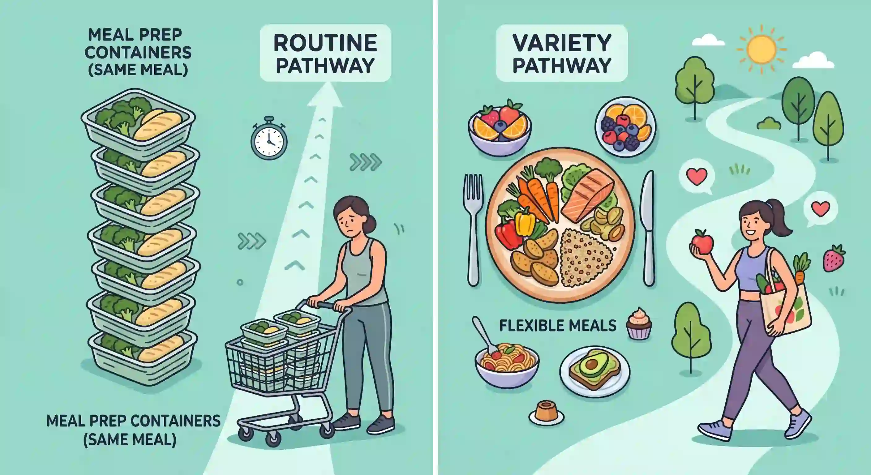 Flat illustration comparing a strict CPB diet meal pattern with a more balanced and sustainable fat-loss approach
