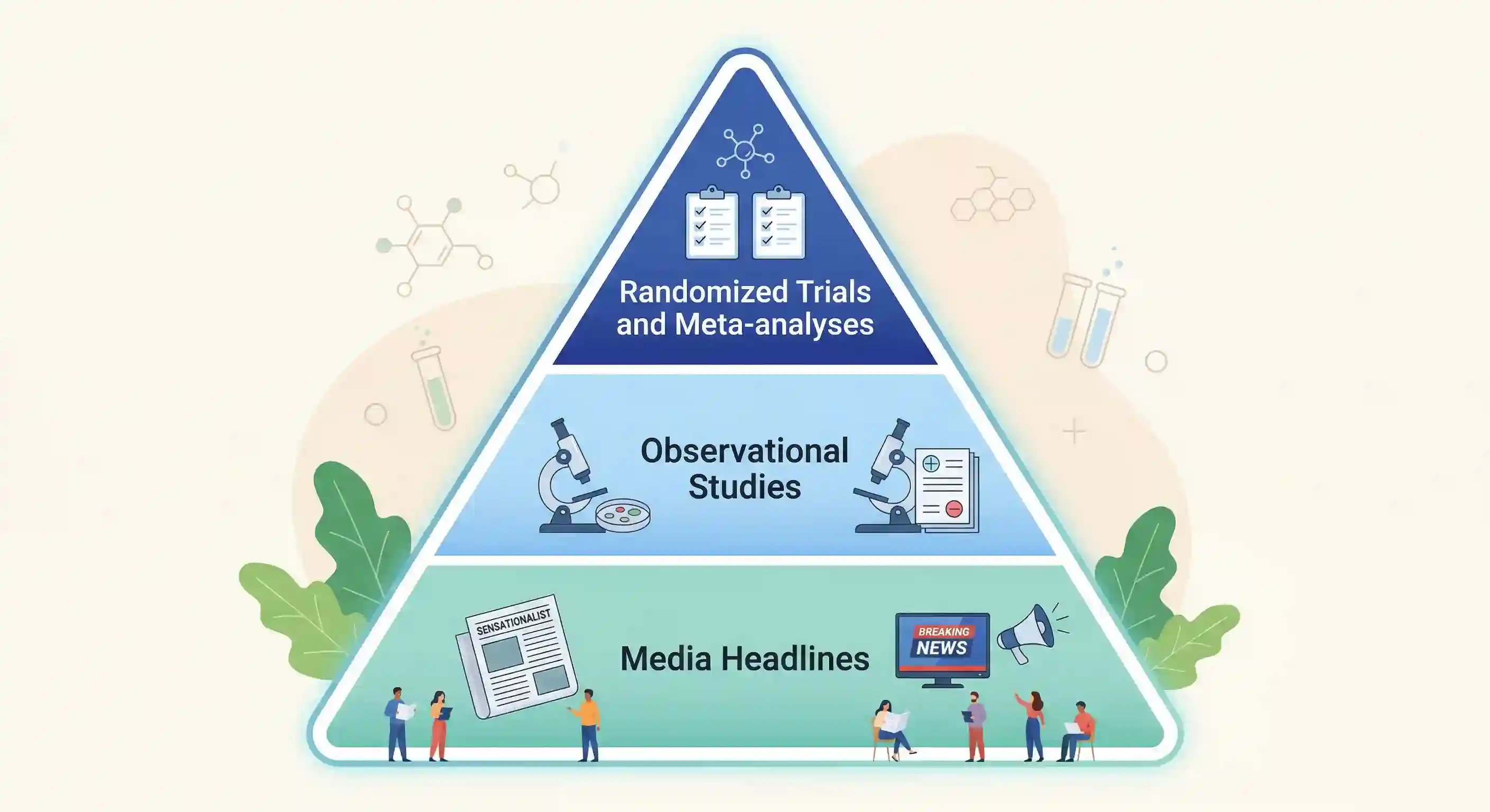 Evidence Quality Matters Flat infographic-style illustration showing an evidence pyramid from strong clinical trials to weaker headline-level claims for intermittent fasting