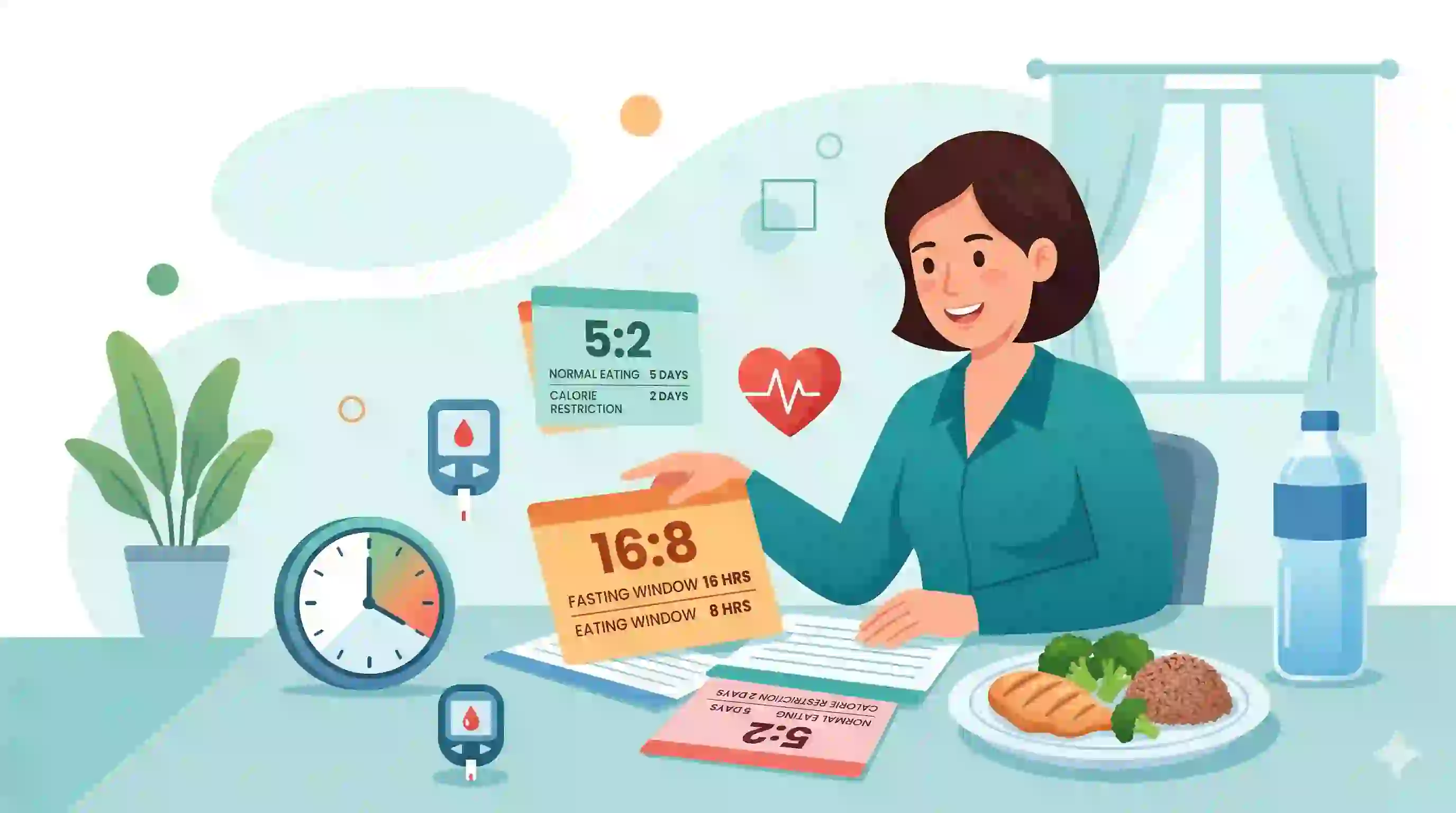 Is Intermittent Fasting Healthy Modern flat illustration of a healthy adult choosing between intermittent fasting schedules with wellness icons and a balanced meal